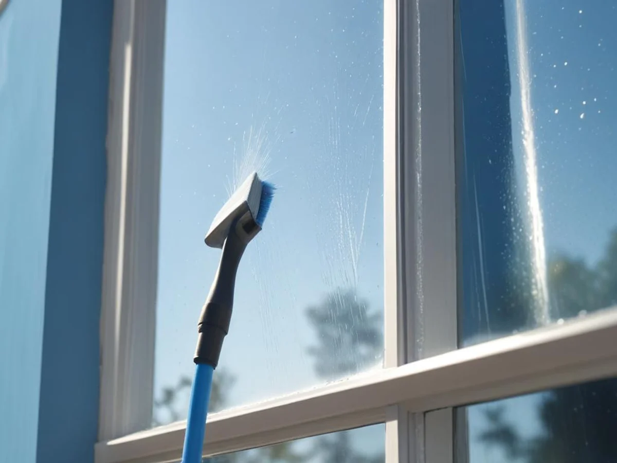 Professional window cleaning in progress on residential glass